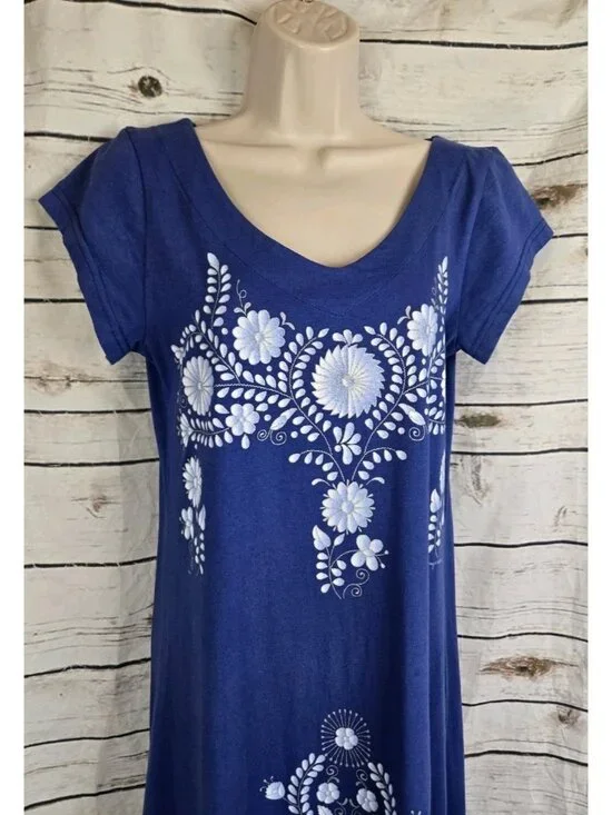 Sabaku Blue Floral Graphic Knit Dress M Fit & Flare Midi 100% Cotton Artsy - Picture 2 of 6